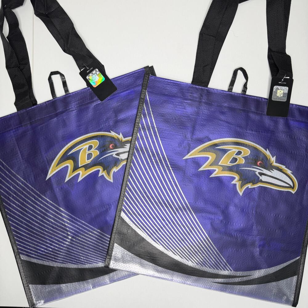 Set of 2 — Baltimore Ravens Purple + Black Reusable Tote Bag Sports NFL Football